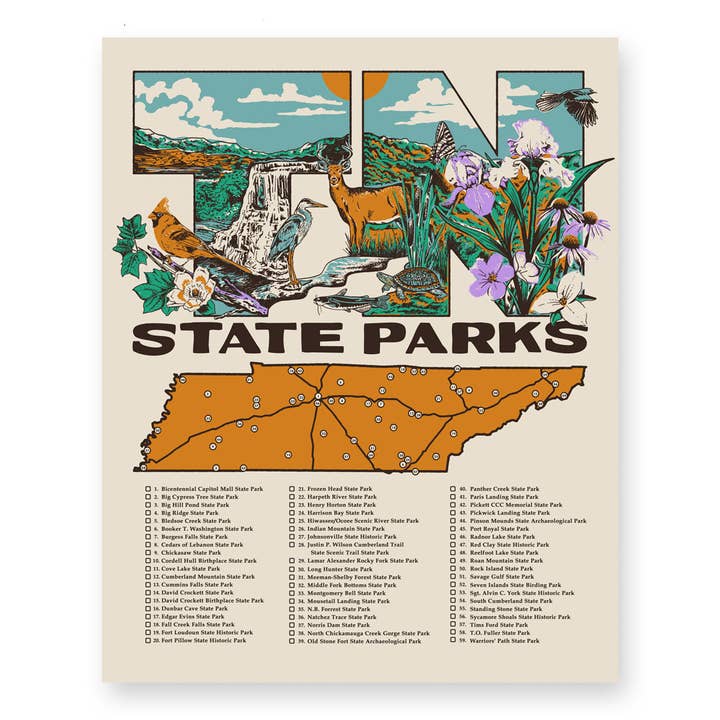 Tennessee State Parks - 59 Parks Map Poster for wholesale by Friendly Arctic