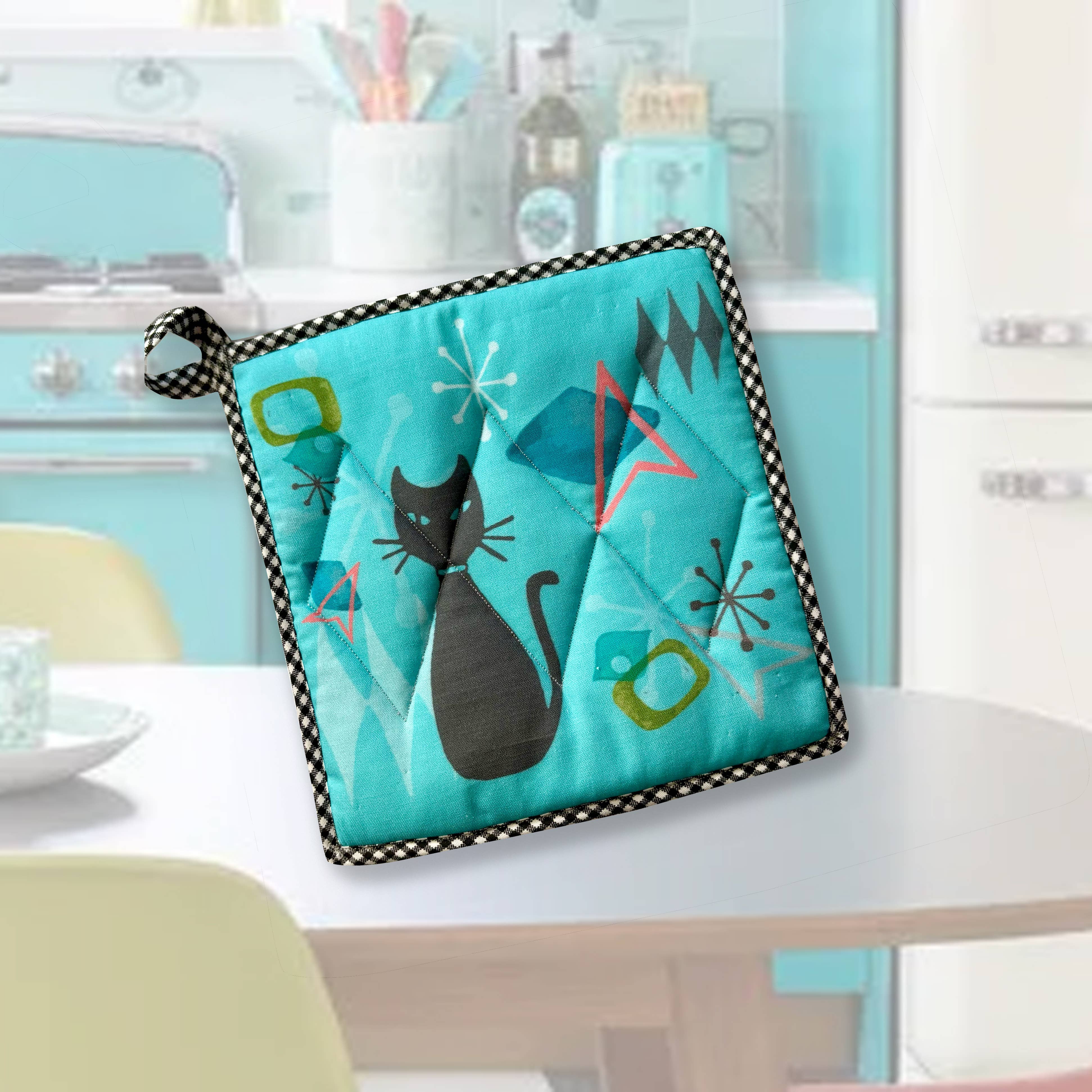 ModMoxGoods - Wholesale Oven Mitt/Pot Holder - POTHOLDER BLACK CAT mid-century MCM 1950s theme