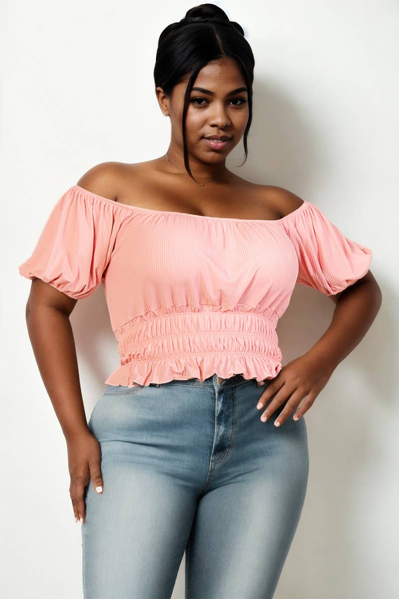 CAPELLA APPAREL - Wholesale Knit Top - Women's - Plus Size Casual Ruched Puff Sleeve Ribbed Knit Solid Top