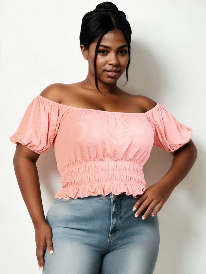 Plus Size Casual Ruched Puff Sleeve Ribbed Knit Solid Top for wholesale by CAPELLA APPAREL