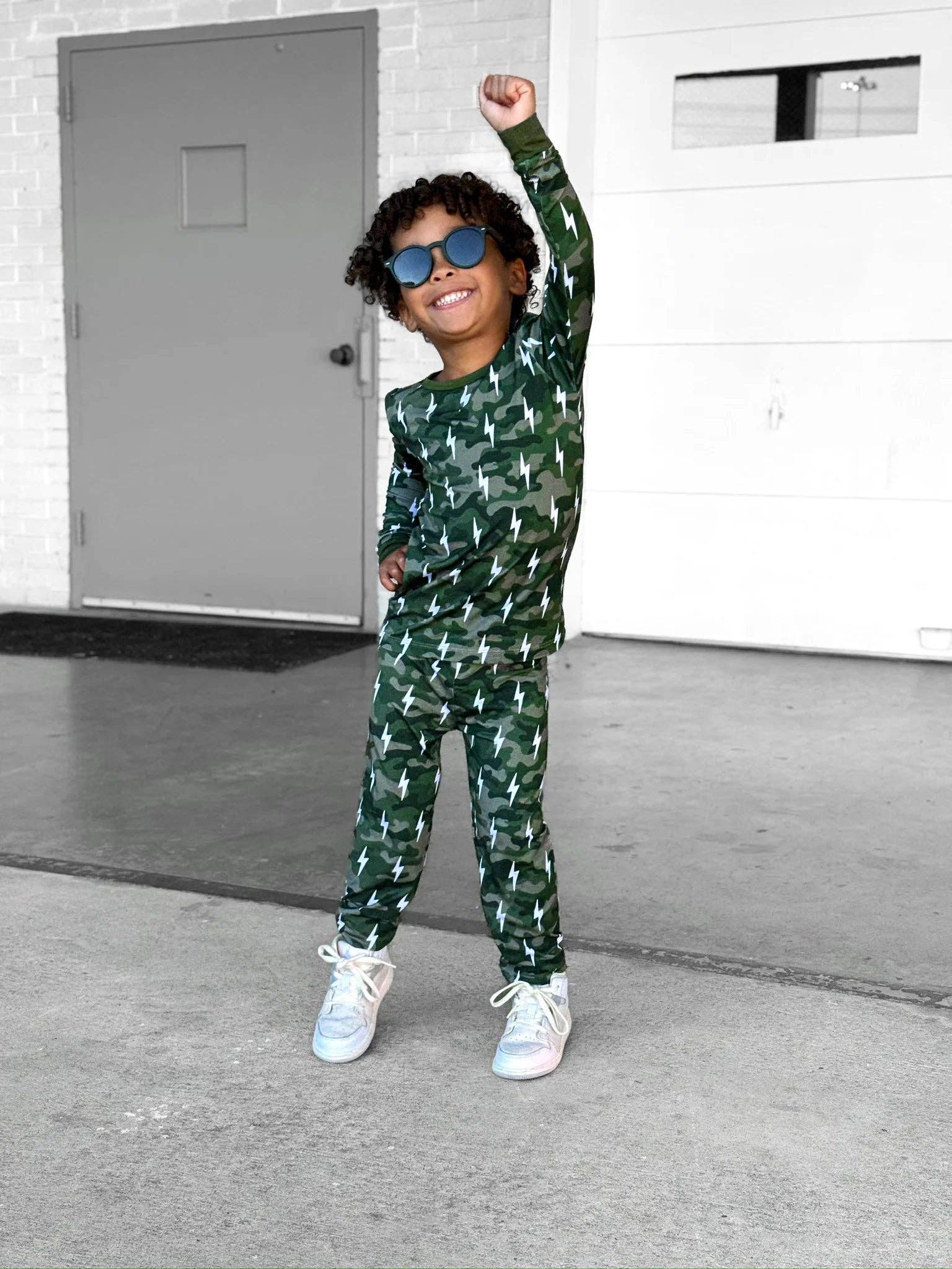 Lucky Panda Kids - Wholesale Sleepwear Set - Kids - Bamboo Two Piece Set | Green Camo Bolts1