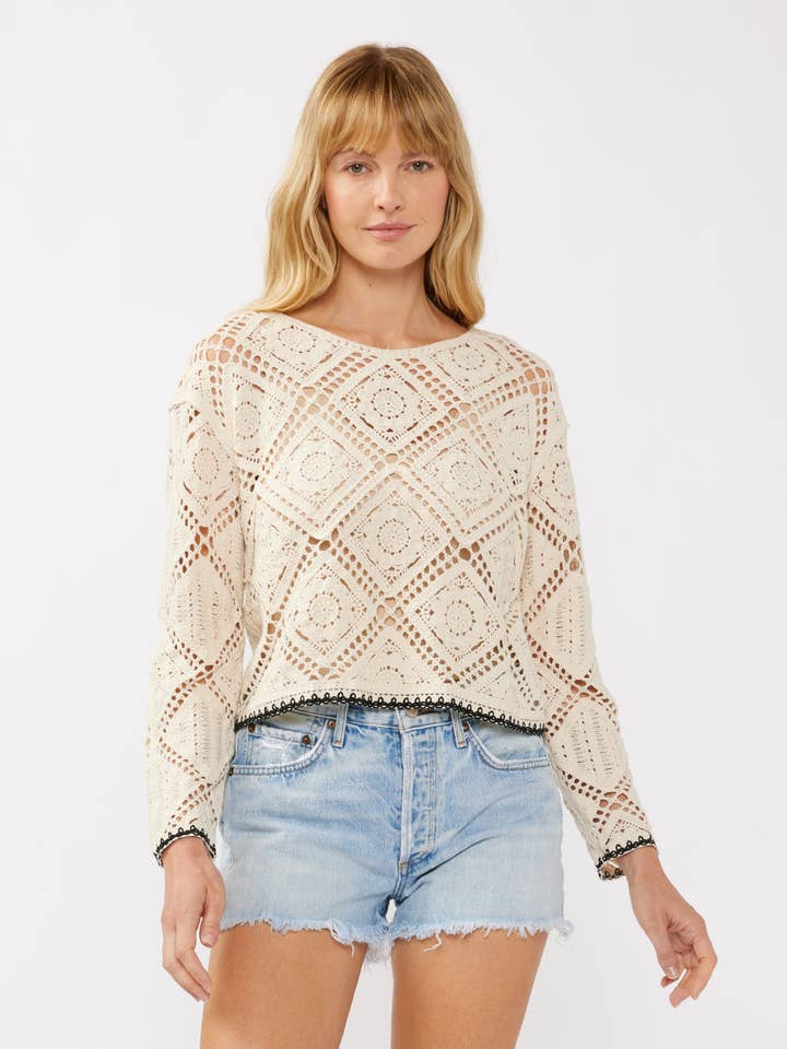 Natural Long Sleeve Diamond Floral Crochet Crop Top for wholesale on Faire