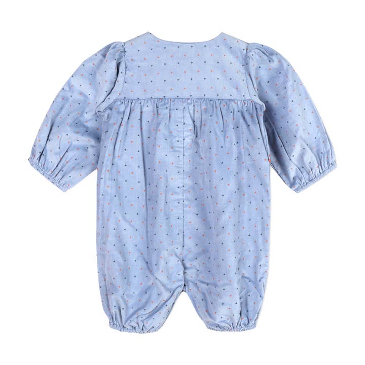 Coral Blue Floral Embroidered Corduroy Bubble Baby Romper (Organic) for wholesale on Faire