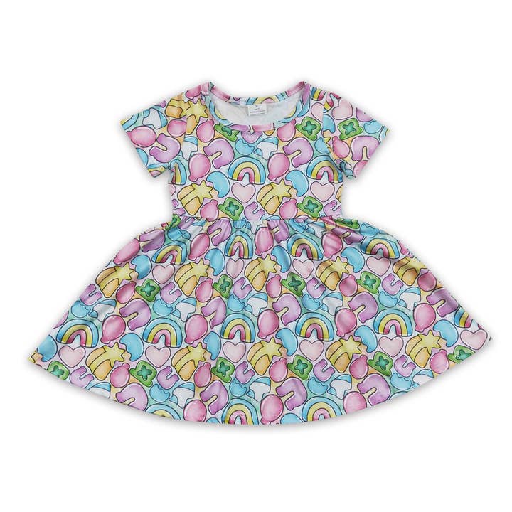 Short sleeves rainbow kids girls st patrick's day twirl dress for wholesale by Yawoo Garments