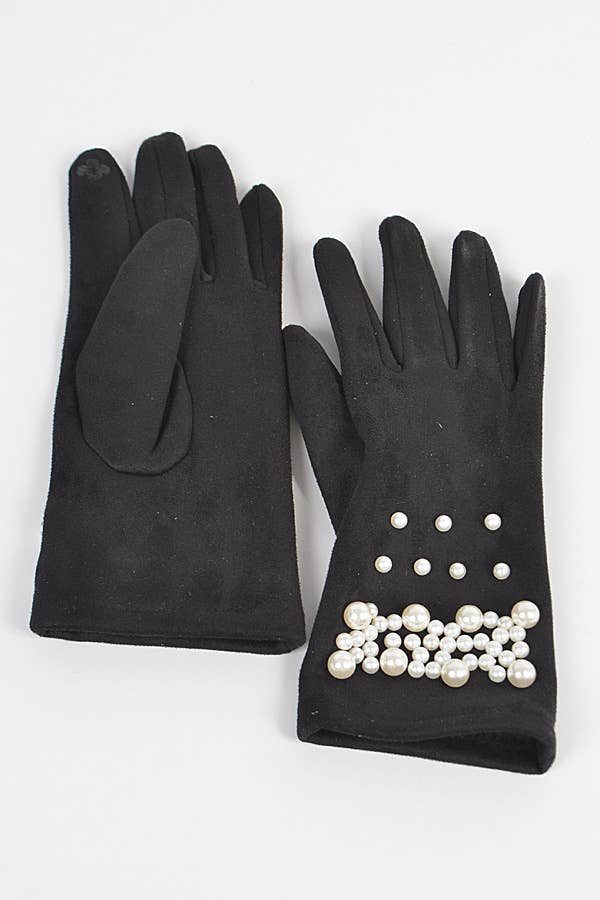 BLACK Faux Suede Gloves W Imitation Pearl for wholesale on Faire1