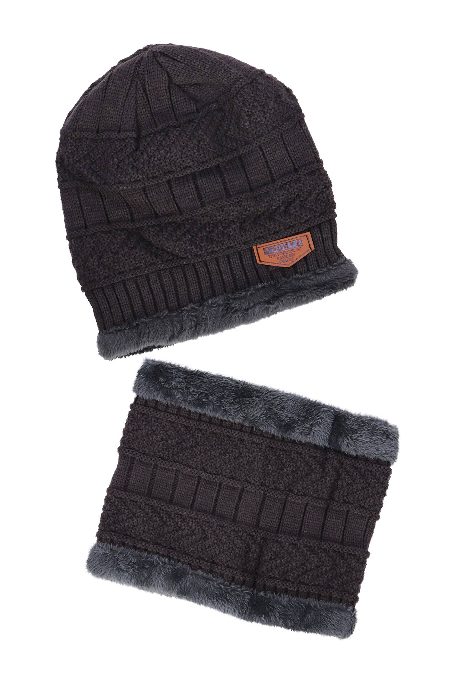 ASSORTED Dark Neutral Cable Knitted Fur Beanie Scarf - 2 Piece Set for wholesale on Faire7