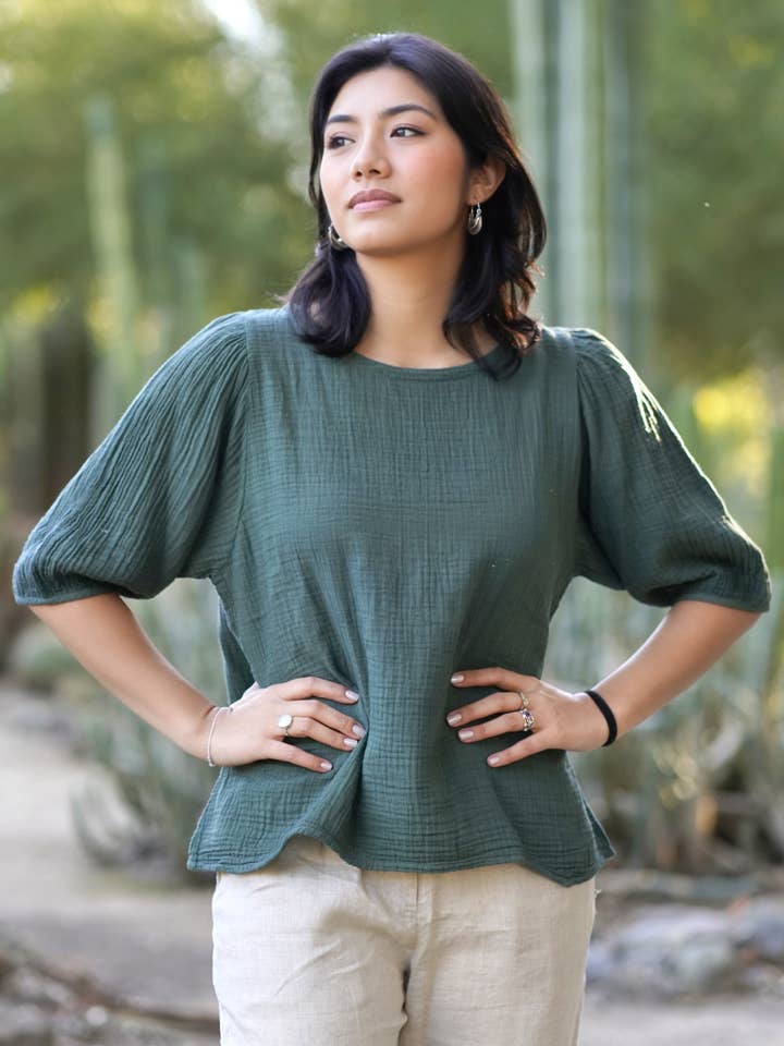 Top de gasa de algodón doble Coralee verde para venta al por mayor de Dolma