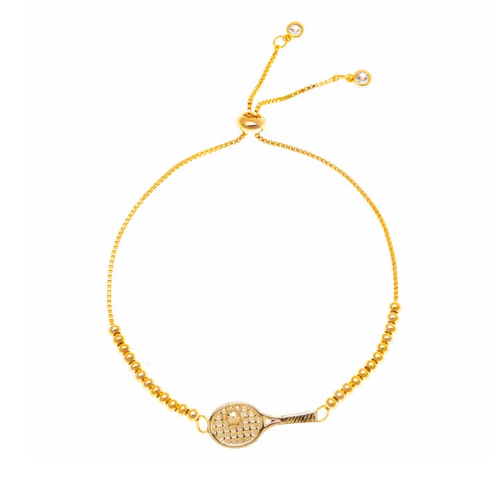 Born to Rally - Wholesale Beaded Bracelet - Gold Beaded Adjustable Tennis Racket Bracelet