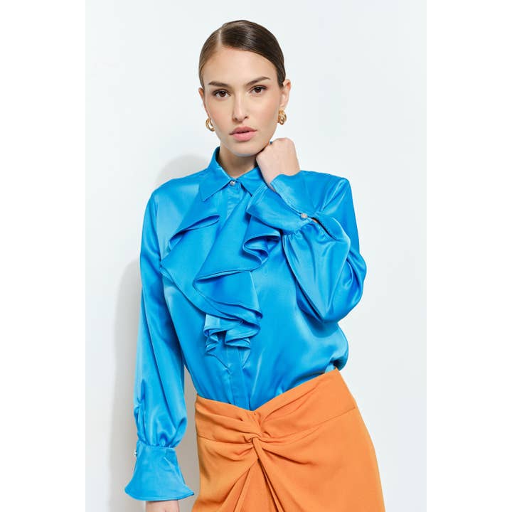 Chic Satin Ruffled Jeweled Bell Sleeves Blouse Top for wholesale by INA