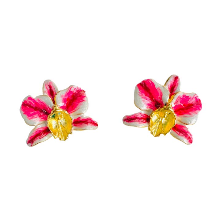 Boucles d'oreilles en perles Pink Reef et orchidée française rouge pour la vente par The Pink Reef