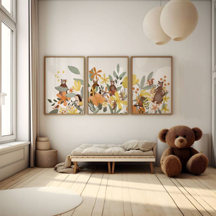 Affiches artistiques florales Woodland pour chambre de bébé fille pour la vente par Urchin Bay