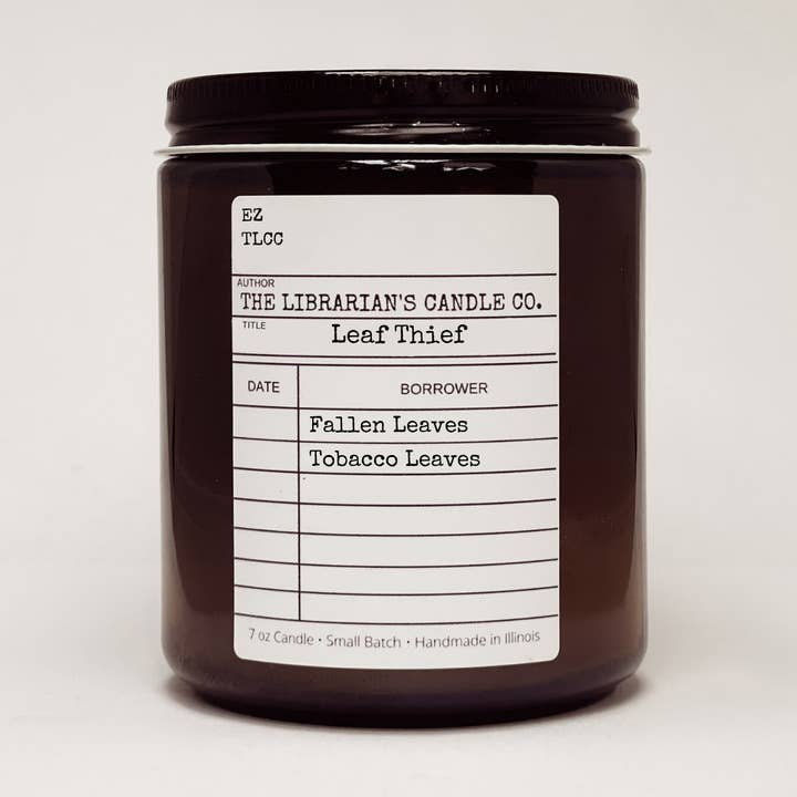 The Leaf Thief, 7oz candle: tobacco leaves+ autumn leaves for wholesale by The Librarian’s Candle Co