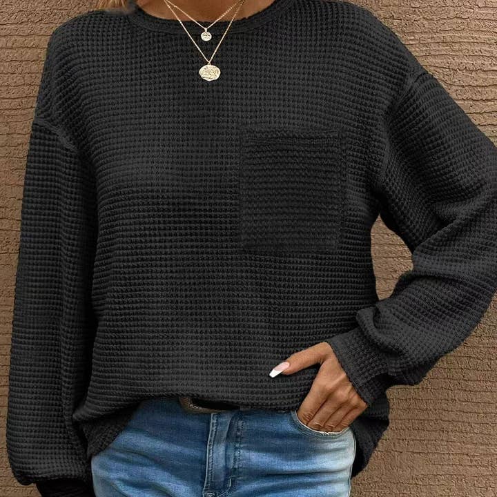 safistyle - Wholesale Knit Top - Women's - Waffle Knit Round Neck Loose T-Shirt with Pocket5