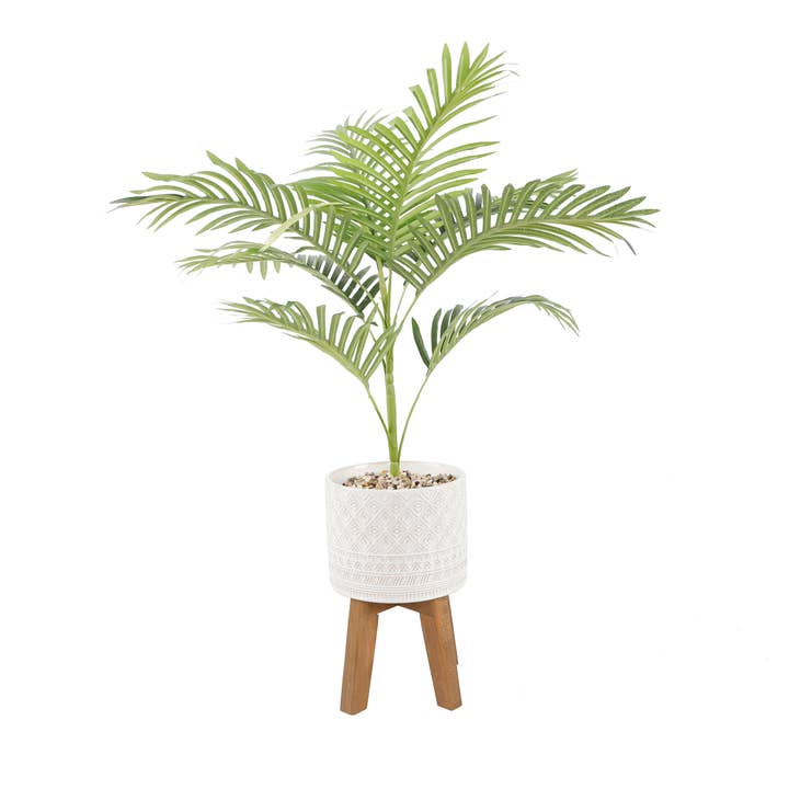32" Kunstpalm in Witte Pot met Patroon op Houten Standaard voor wholesale door Flora Bunda Inc