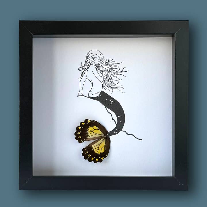 Mermaid on Rock Framed Art with Real Butterfly Wings for wholesale by Isms