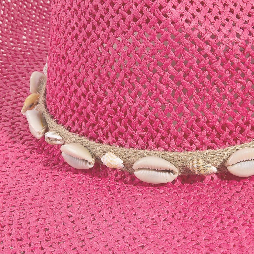 Collections by Fame Accessories – Engroshandel Cowboyhat - Dame – Cowboyhat med snor af stråflet og cowrie-skaller2