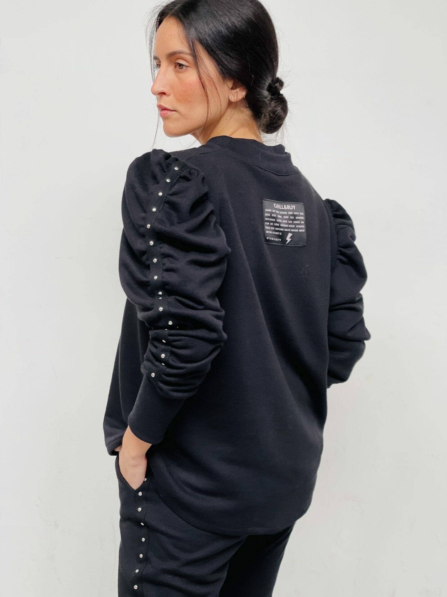 Stripes Love Me More Black Studded Sweatshirt for wholesale on Faire1