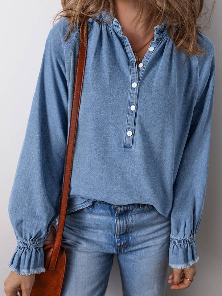 Sky Blue Natasha Buttoned Denim Top for wholesale on Faire