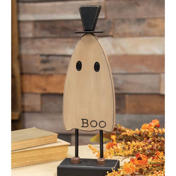The Hearthside Collection - Wholesale Decorative Tabletop Object - Wooden Top Hat Boo Ghost on Base