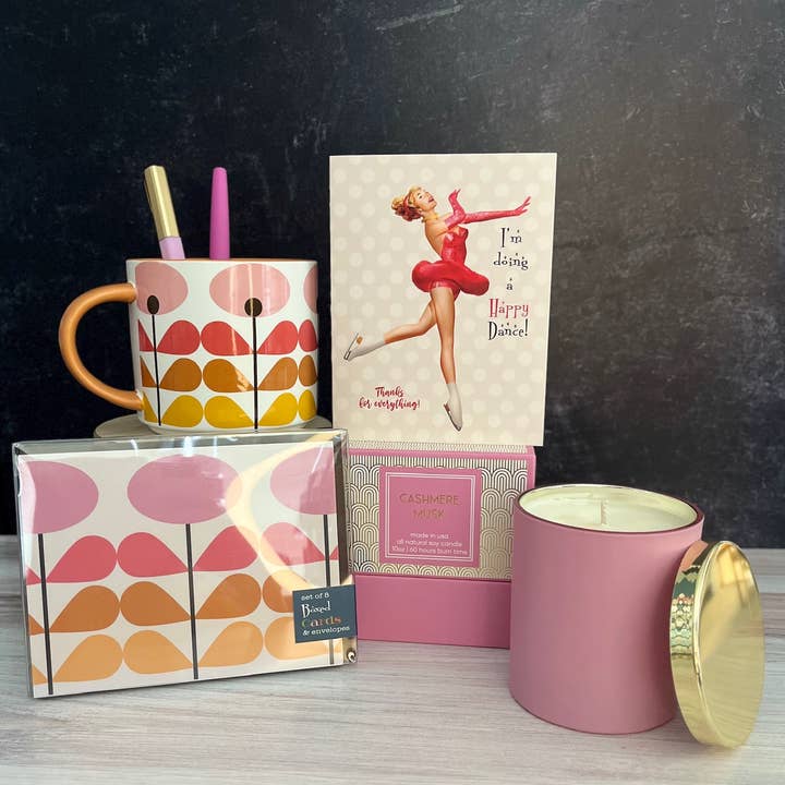 Mod Lounge Paper Company - Wholesale Jar/Filled Candle - Pink and Gold Cashmere Musk Mid Century Foil Boxed Candle