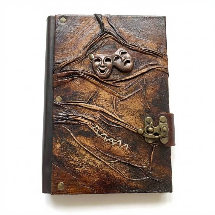 Journal en cuir artisanal Theatre Smile Sad Face pour la vente par ML Marcaleather