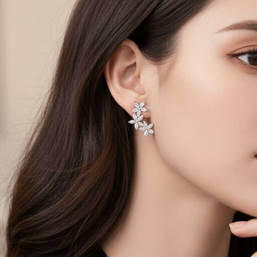 S925 Sterling Silver CZ Flower Climber Stud Earring for wholesale by Everly Yours