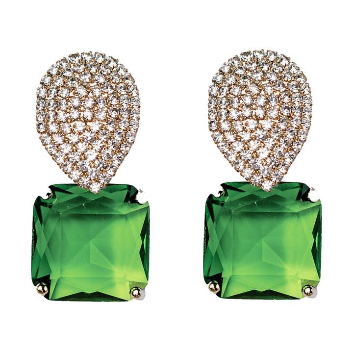 Boucles d'oreilles pendantes rétro en cristal pavé et gomme péridot pour la vente par St Armands Designs of Sarasota