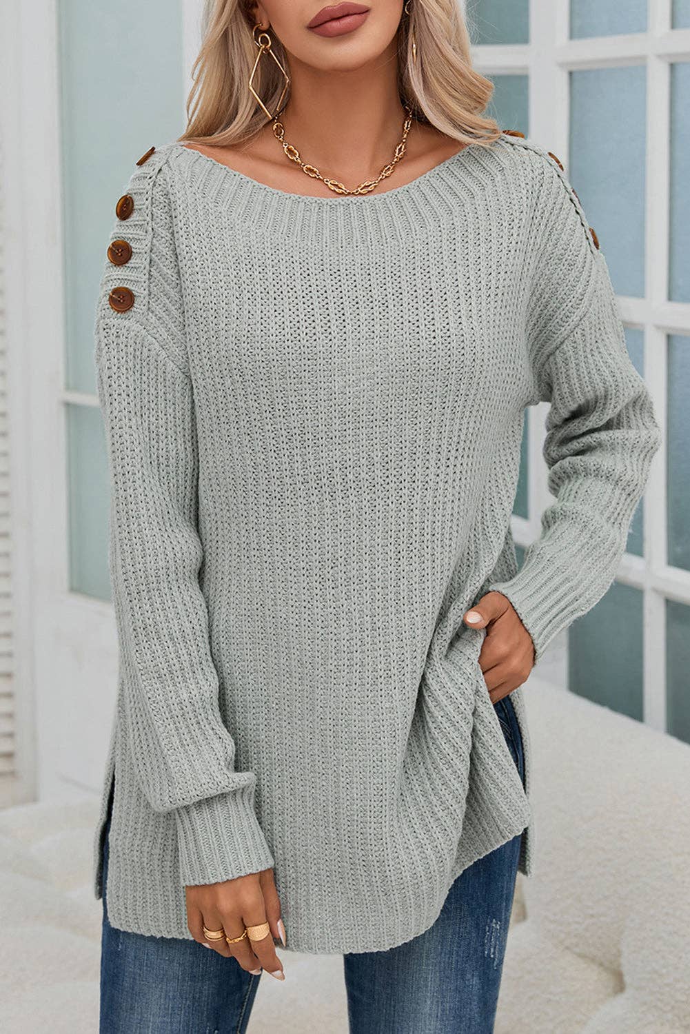 Gray Solid Buttoned Drop Shoulder Sweater for wholesale on Faire0