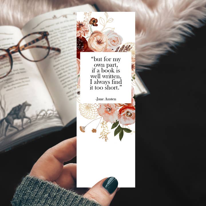Jane Austen Bookish Quote Floral Bookmark for wholesale by Mirkwood Scribes