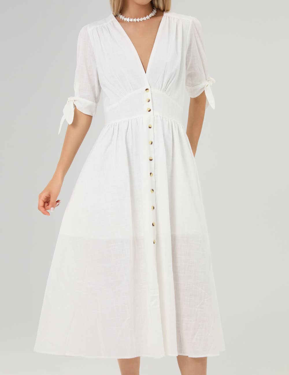 Blanco Vestido midi casual de lino de manga corta con lazo SKD152 de venta al por mayor en Faire6