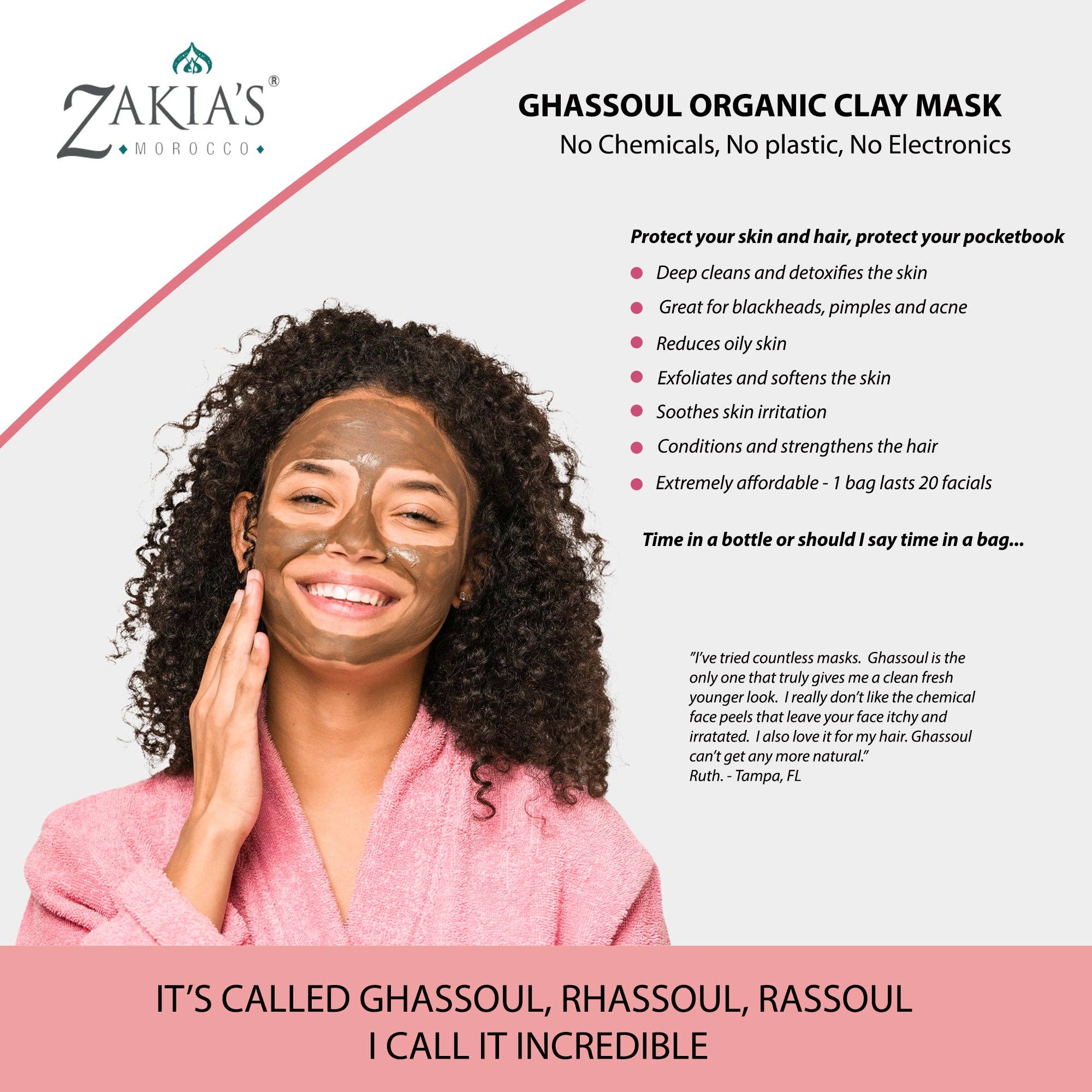 Zakia's Morocco - Vente Masque pour le visage - Masque à l'argile Rhassoul du Maroc - Masque facial naturel et biologique et traitement de soin de la peau - Masque de boue anti-âge pour peau sèche et grasse, acné, eczéma et psoriasis - 8 oz7