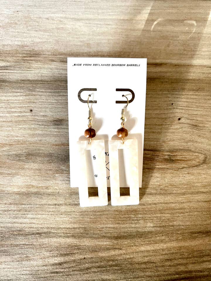 Bourbon Barrel & White Rectangle Tortoise Acrylic Earrings for wholesale by Smoke & Spirits