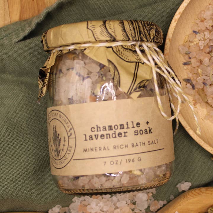 Chamomile Lavender Soak Mineral Bath Salts | Calming Dead Sea & Himalayan Pink Salt Soak for wholesale by Barefoot Soap Works