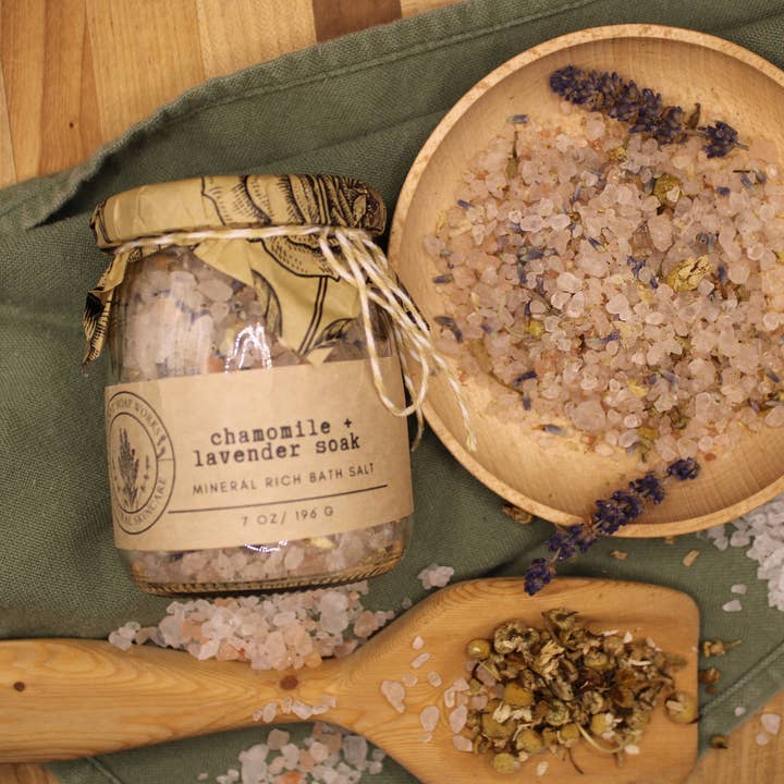 Chamomile Lavender Soak Mineral Bath Salts | Calming Dead Sea & Himalayan Pink Salt Soak for wholesale by Barefoot Soap Works