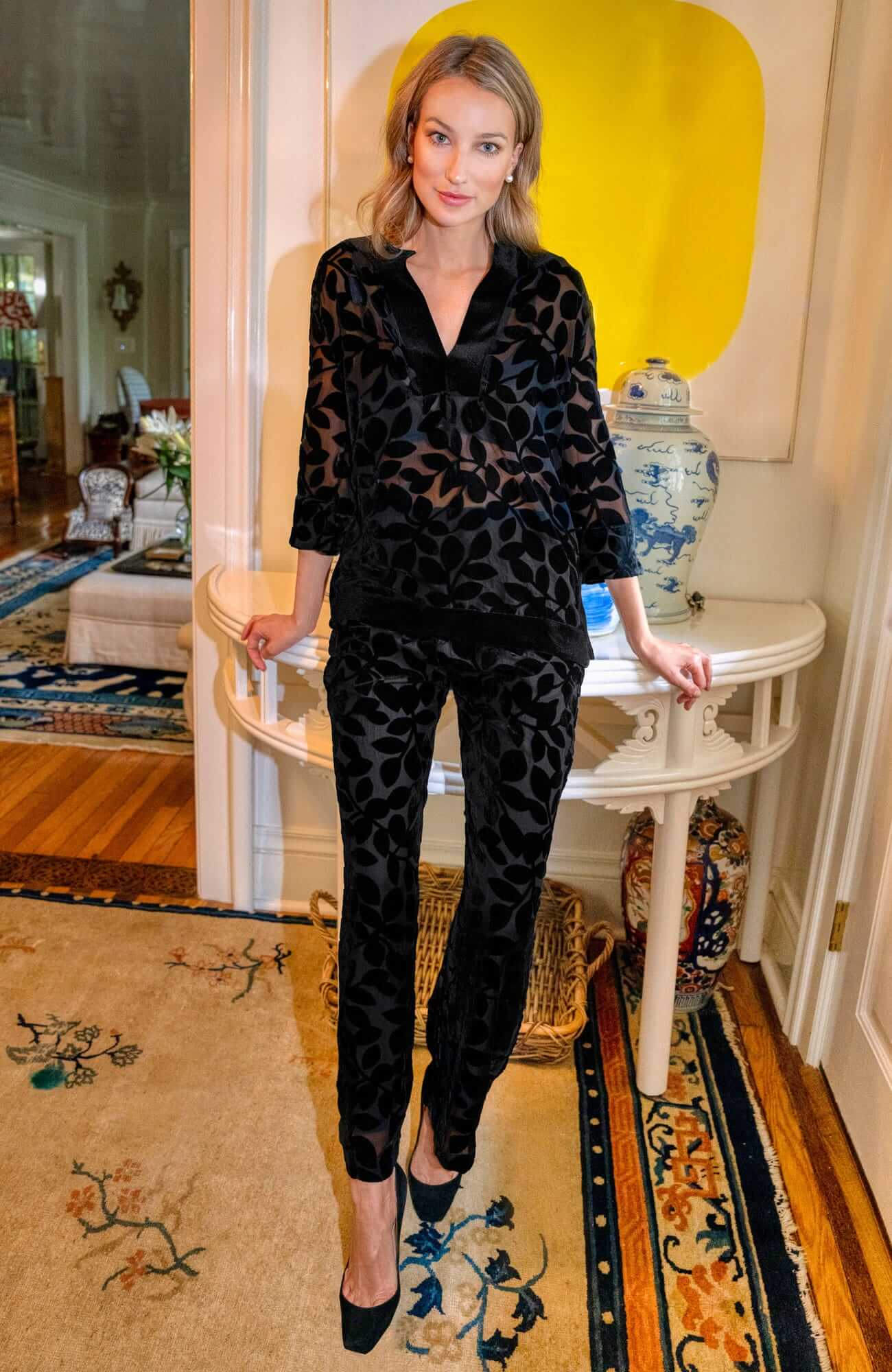 Noir Pantalon Palazzo - Velours Luxe Feuille en vente sur Faire3