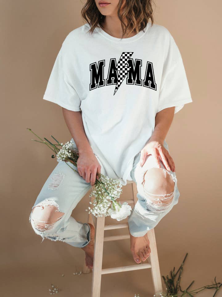 Black & White Checkered Lightning Bolt Mama for wholesale by The Cozy Peach Co