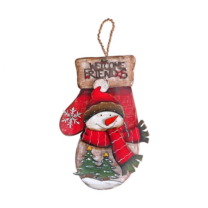 Wooden Snowman On Mitt Wall Hanger Welcome Friends for wholesale by IH Casa Decor