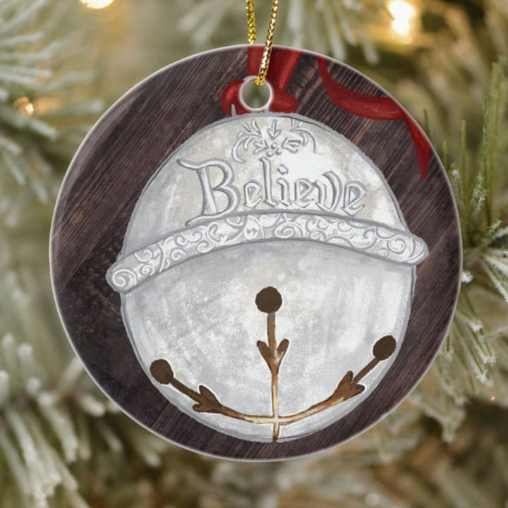Eu Acredito Sino de Trenó de Prata Ornamento de Árvore de Natal em Cerâmica por atacado de RiverWood Forest