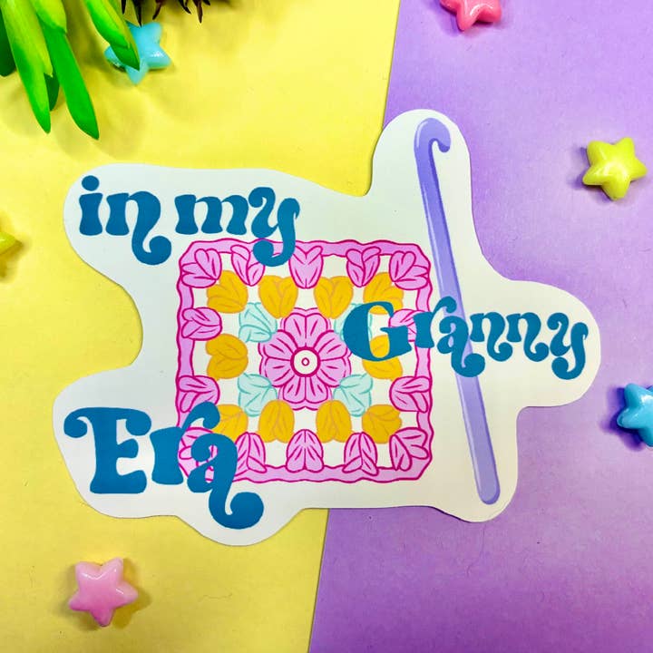 In My Granny Era Crochet Granny Square Vinyl Sticker for wholesale by The little birdee co