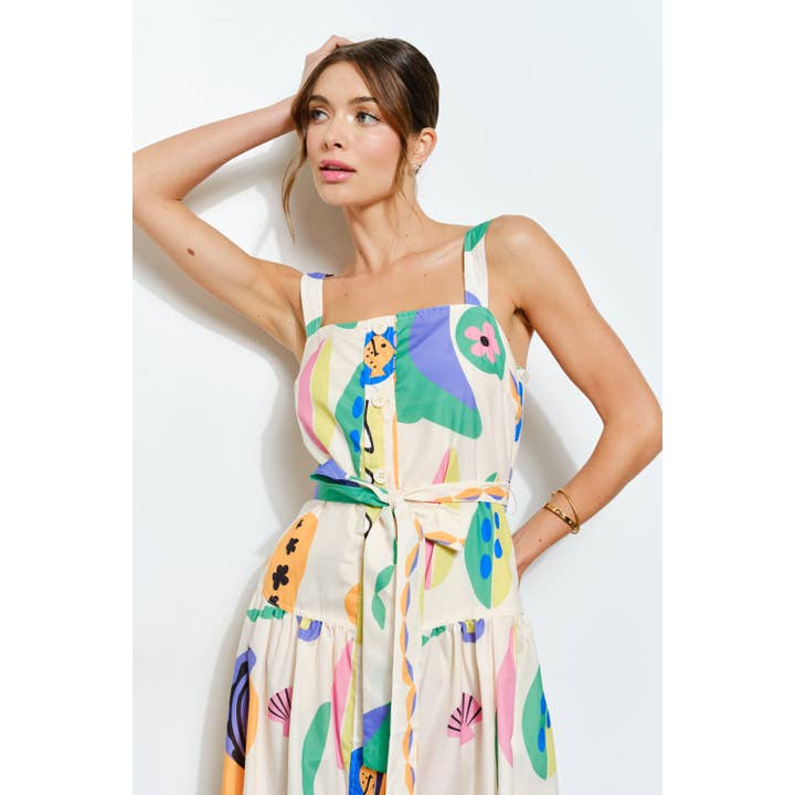 IVORY MULTI Sleeveless Square Neck Playful Printed Maxi Dress for wholesale on Faire