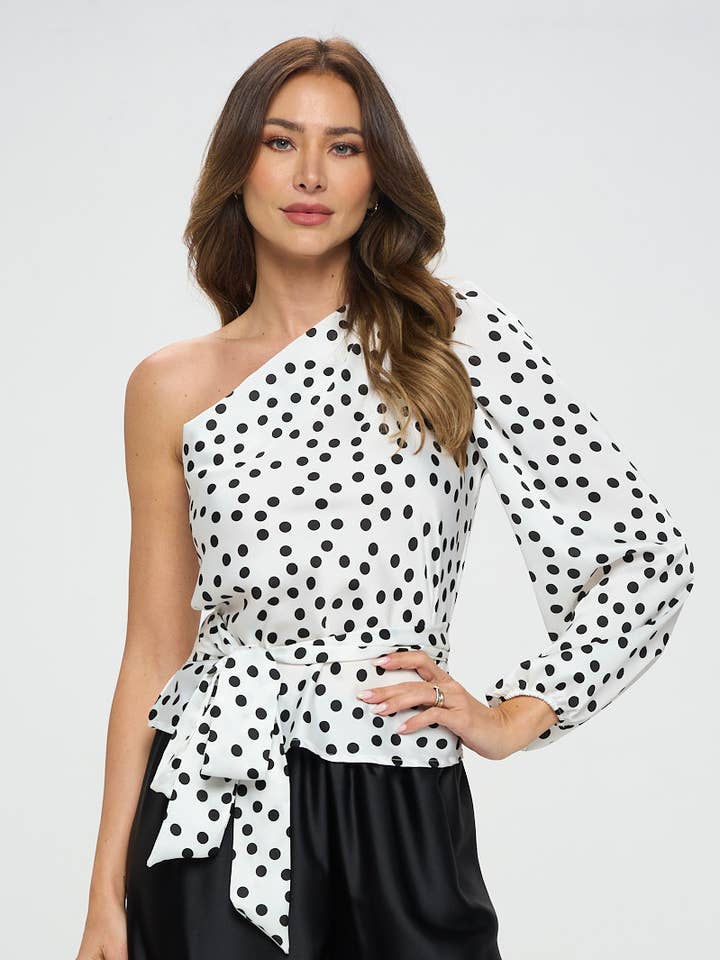 Top formal de lunares con un solo hombro y corbata para venta al por mayor de Renee C.