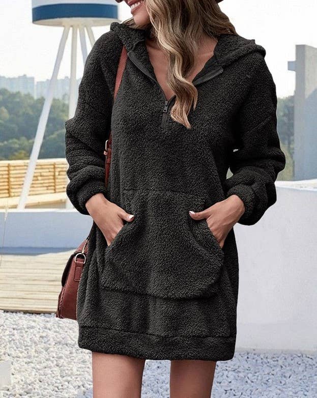 HIDDENBRAND - Wholesale Hoodie - Women's - Double-Sided Fleece Hooded Half-Zip Pocket Long Sweatshirt6