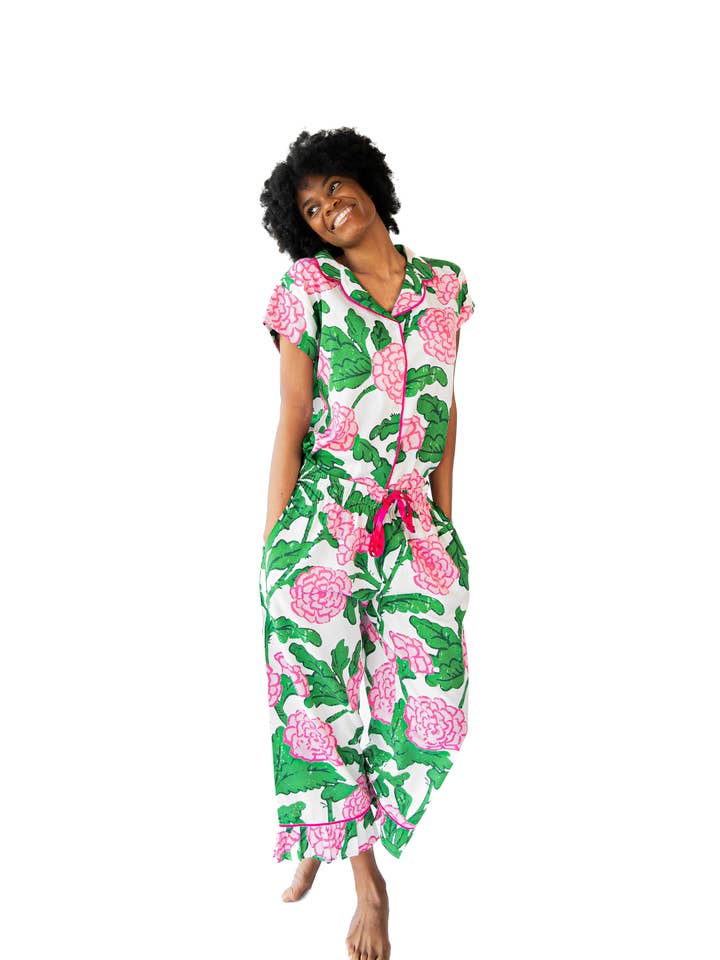Ophelia Luxe Sateen Capri Pajama Set - Pink & Green for wholesale on Faire3
