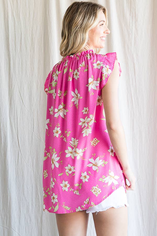 7th Ray - Wholesale Blouse - Women's - Boho Floral Ruffle Sleeve  Shirred Neckline Blouse T479315