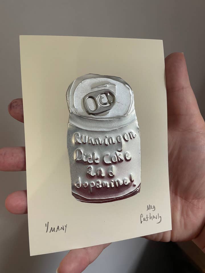 Running on Diet Coke and dopamine silver tin embossing 10cm x 15cm for wholesale by Meg Fatharly