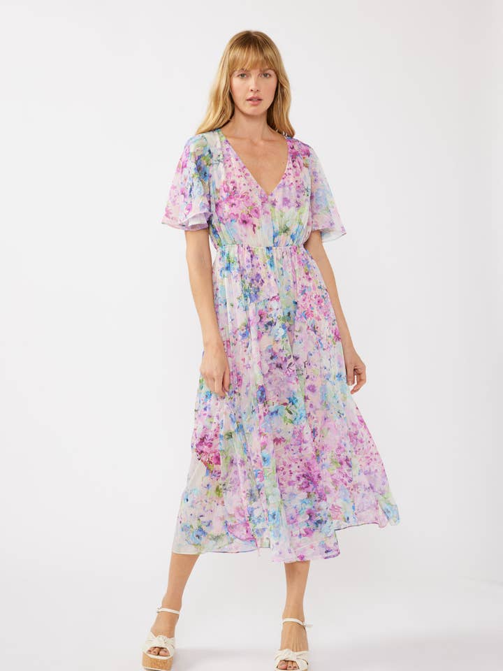 Watercolor Flower Short Sleeve Scarf Maxi Dress for wholesale by Lovestitch