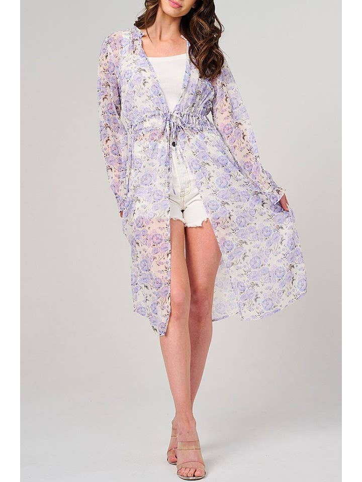 ELFENBEN LÅNGÄRMAD SJÄLVBAND FLORAL KIMONO för wholesale på Faire