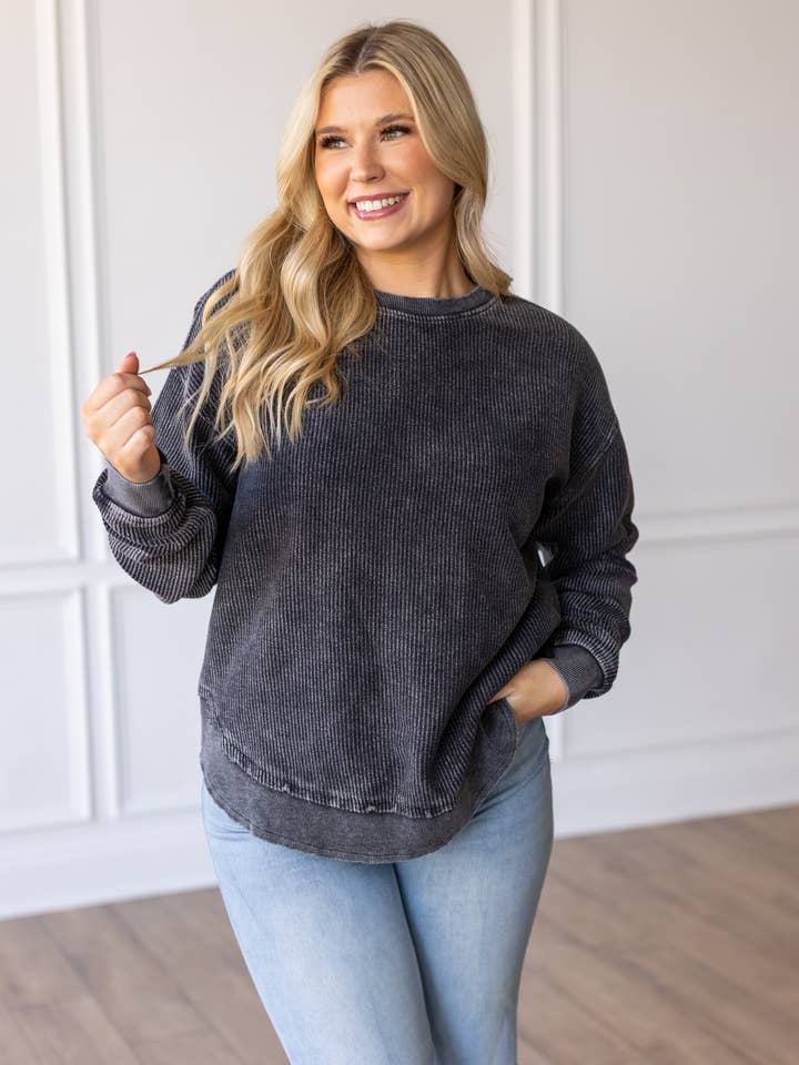 ROUNDED BOTTOM Cozy Cord Crew Sweatshirt - WASHED BLACK for wholesale by Moon Ryder