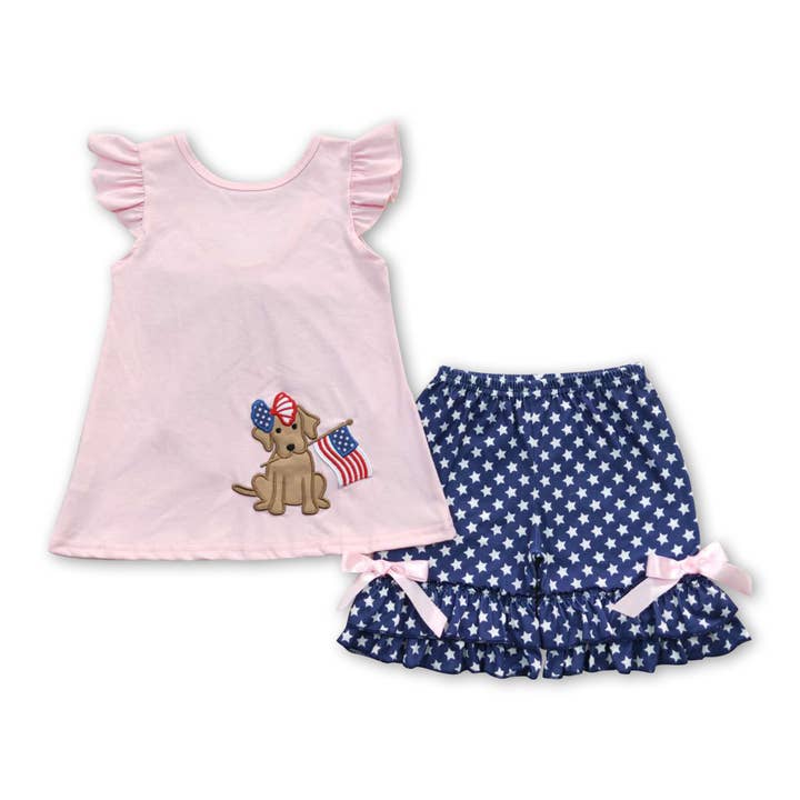 Yawoo Garments - Wholesale Bodysuit (Non-Footed) - Baby - Dog flag embroidery stars baby girl 4th of july romper