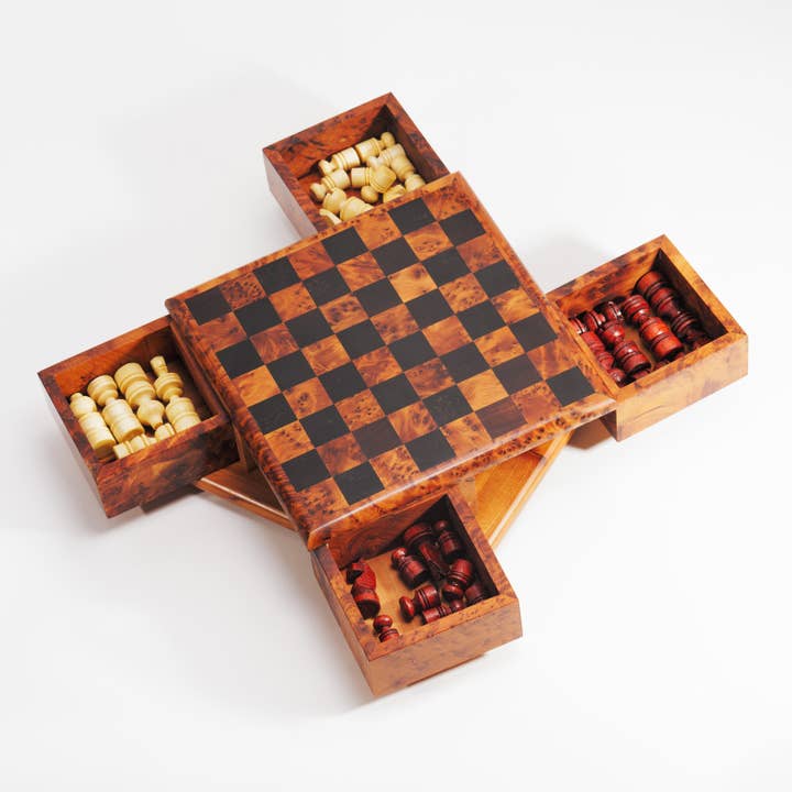 Yemma Goods - Wholesale Board Game - Thuya Wood Rotary Chess Board With Folding Compartments1